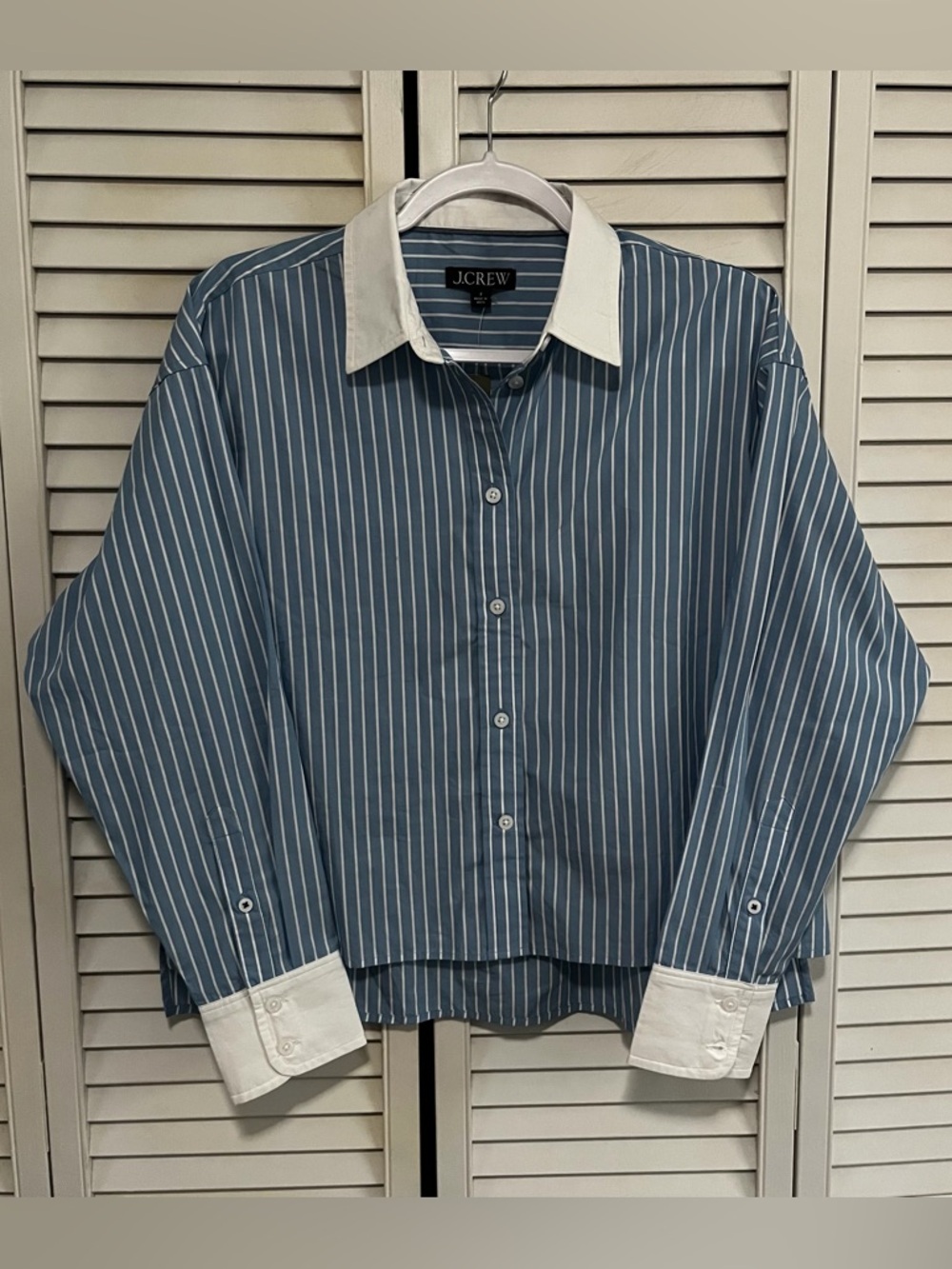 J. Crew Size 8 Relaxed Fit Cropped Poplin Shirt Easy Stripe Blue White New